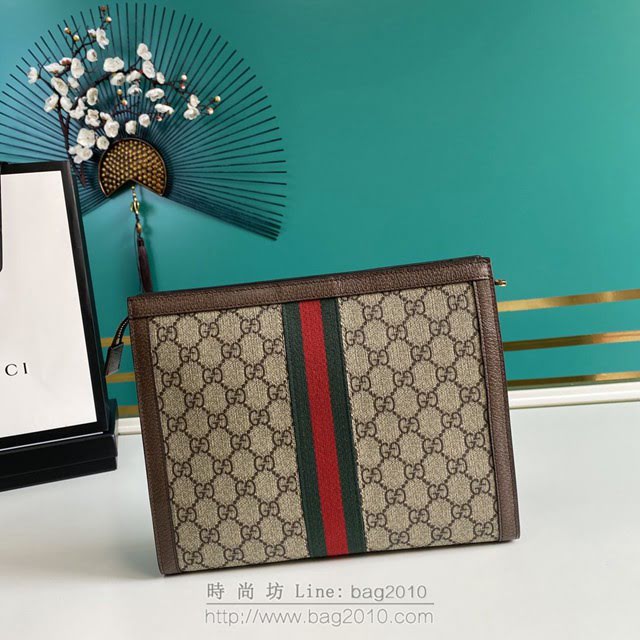 Gucci古馳包包 G家新款手包 晶片版 625549 古奇啡棕帆布織帶男士手拿包 gdj1385